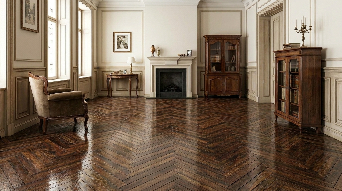 Tamsus ąžuolinis eglutės parketas klasikiniame interjere su antikvariniais baldais