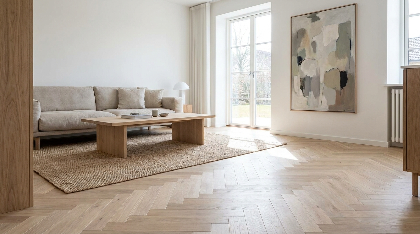 Šviesi natūralaus ąžuolo eglutės parketo grindys minimalistiniame skandinaviško stiliaus interjere