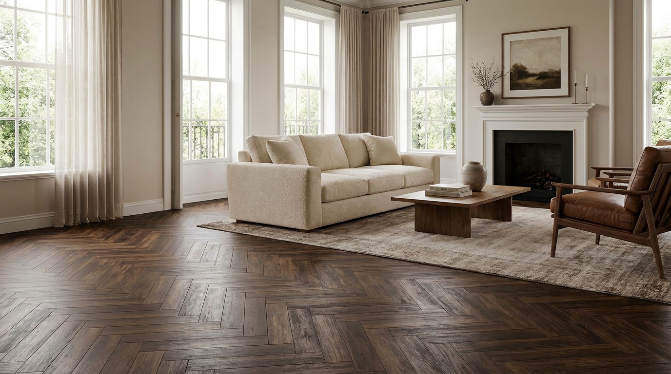 Tamsaus ąžuolo eglutės parketas šviesioje klasikinėje svetainėje su židiniu